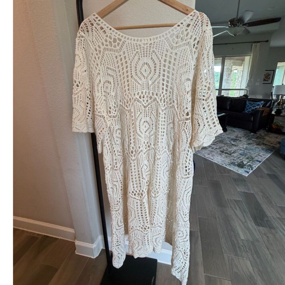 POL Cream Crochet Medallion Cover Up Dress One Size Boho Beach 100% Cotton SMC30